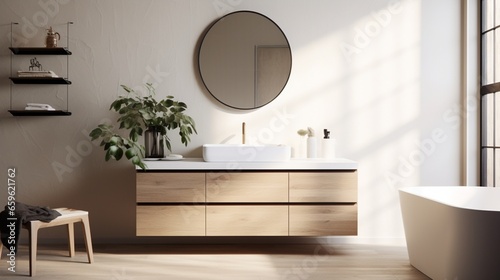 Refresh in a bathroom with a floating vanity and wall-mounted mirror.