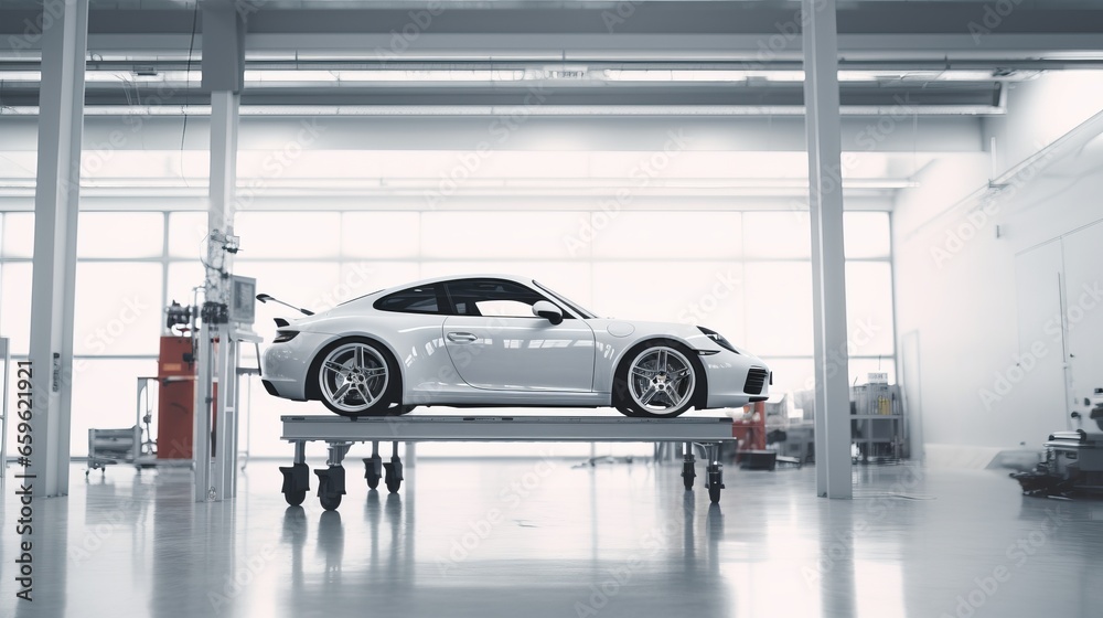 Car raised on car lift in autoservice. Car raised on car lift in autoservice.