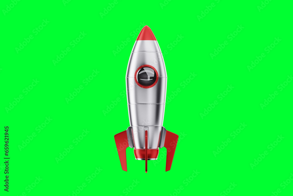 creative idea, a rocket takes off on a blue background, cover, picture for a hat. 3D illustration, 3D render.