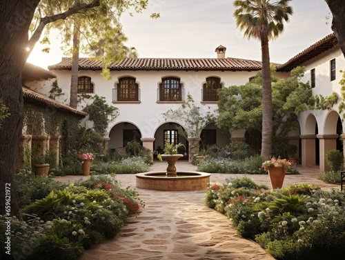 A picturesque Spanish estate featuring a grand hacienda style, showcasing a beautiful central courtyard.
