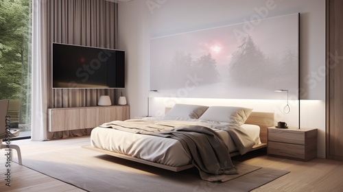 Relax in a bedroom with a wall-mounted TV and integrated sound.