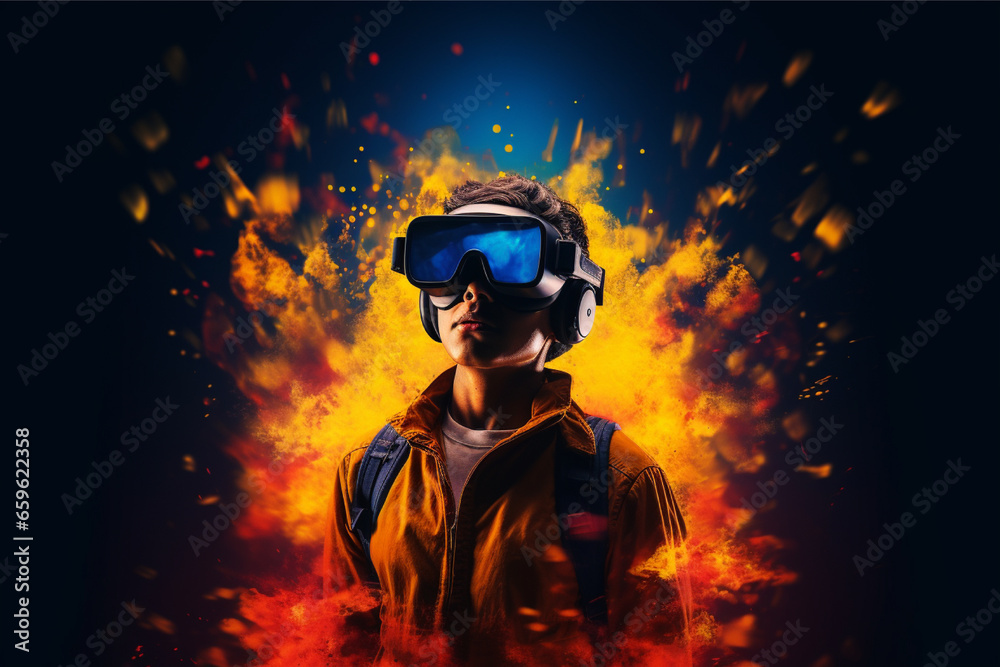 Person wearing virtual reality goggles. Future metaverse technology concept. Person wearing virtual reality goggles. Future metaverse technology concept.