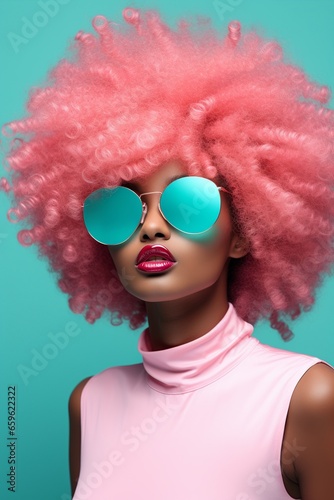 Woman with vibrant pink afro hair wearing reflective sunglasses against teal backdrop