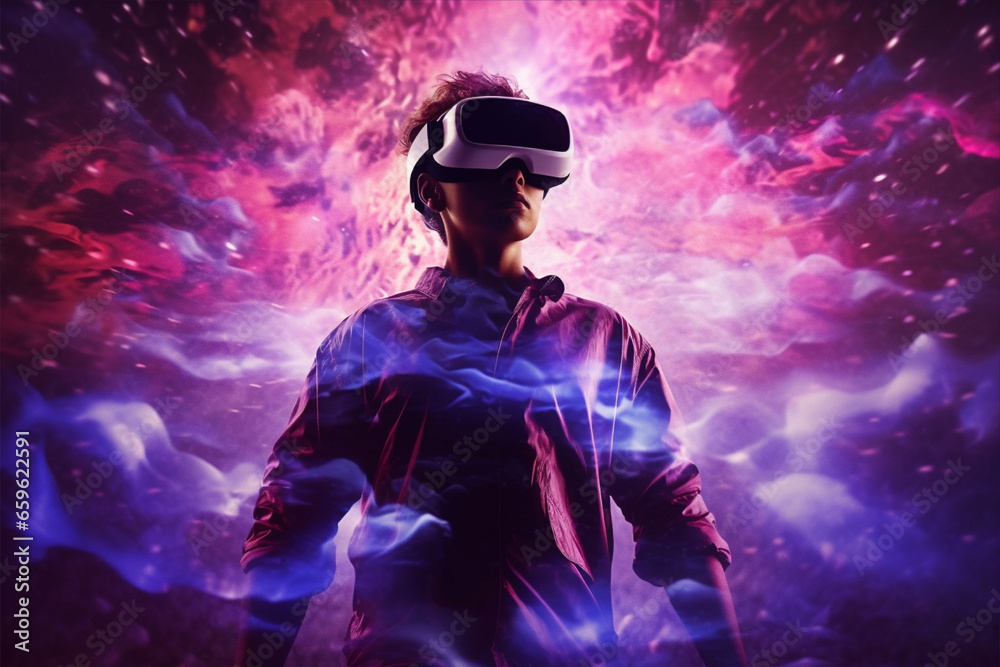 Person wearing virtual reality goggles. Future metaverse technology concept. Person wearing virtual reality goggles. Future metaverse technology concept.