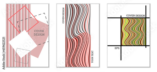 Geometric cover design, set of 3 covers. Abstract unusual background in Memphis style. Bright geometric shapes in random order