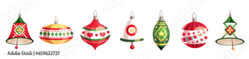 Set of colorful christmas tree toys on white background. Winter Holidays and Celebrations concepts for design a Happy New Year and Merry Christmas card. Vector illustration in cartoon style