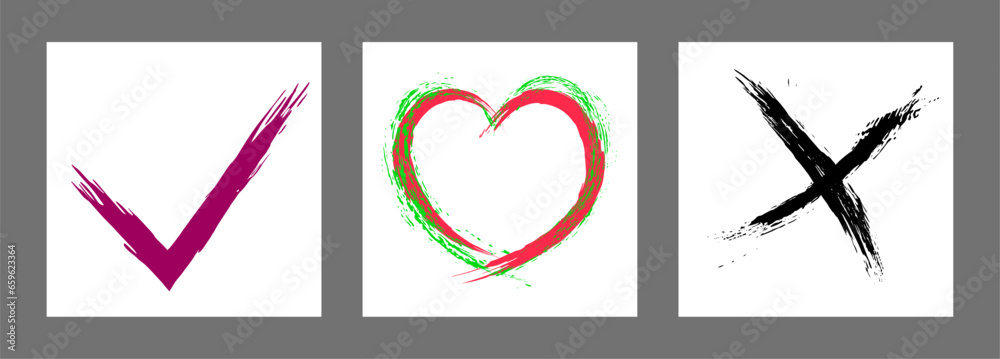 The cross, heart and OK symbol are hand-drawn with a brush. Prohibition, denial, error. Love. Approval, consent. Vector, set of 3 characters The cross, heart and OK symbol are hand-drawn with a brush. Prohibition, denial, error. Love. Approval, consent. Vector, set of 3 characters