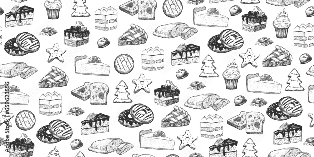 Seamless pattern with desserts. Hand drawn cake, cheesecake, tiramisu, gingerbread, donuts, apple pie, stollen, cupcake, chocolate. Sketch style background with sweets isolated on white background