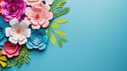 top view of colorful paper cut flowers with green leaves on blue background with copy space 