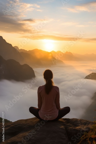 Woman sitting yoga pose on a rock at sunrise in the morning