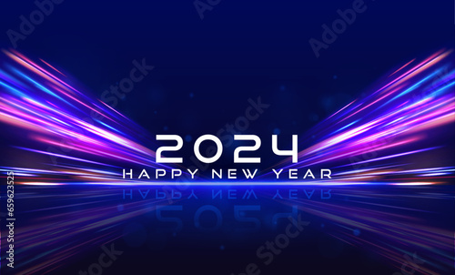 Happy new year 2024 design. Panoramic high speed technology concept, light abstract background. Image of speed motion on the road. Premium vector design for poster, banner. 