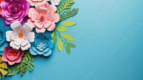 top view of colorful paper cut flowers with green leaves on blue background with copy space  © Fred