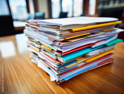 A neatly organized stack of financial reports and documents on a desk. © Szalai