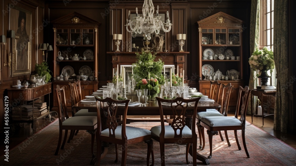 Step back in time in a traditional dining room with a grand extendable table, ready to host family gatherings.