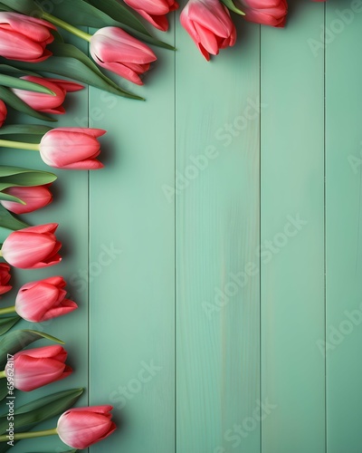 Beautiful composition of pink and red tulips on green mint background with copy space in flat lay style. Valentine s Day  Easter  Birthday  Happy Women s Day  Mother s.