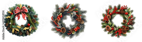 Christmas tree wreath and cones. Christmas decorations collection Generative Ai