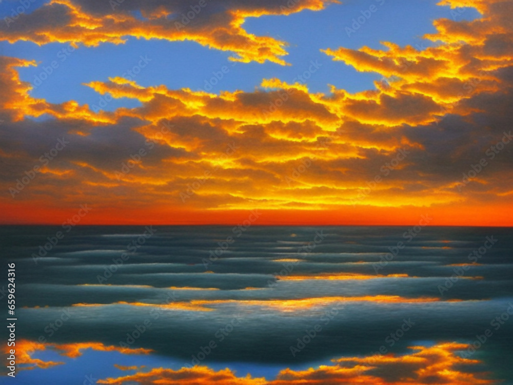 Beautiful sunset sky above clouds with dramatic light. Yellow, orange, red clouds above the horizon. Beautiful evening sky landscape. Sunset over the sea. Generated by artificial intelligence.