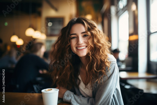 Smiling young woman sitting in cafe with her friends. Warm sunlight through window lights her hair and face. Happy lifestyle. Bokeh background