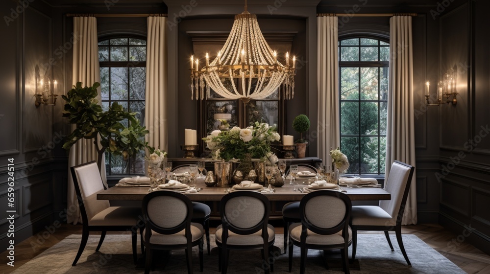 A crystal chandelier hangs above a table set for memorable gatherings, making every meal an experience to savor.