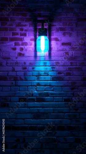 Neon blue brick wall with light.