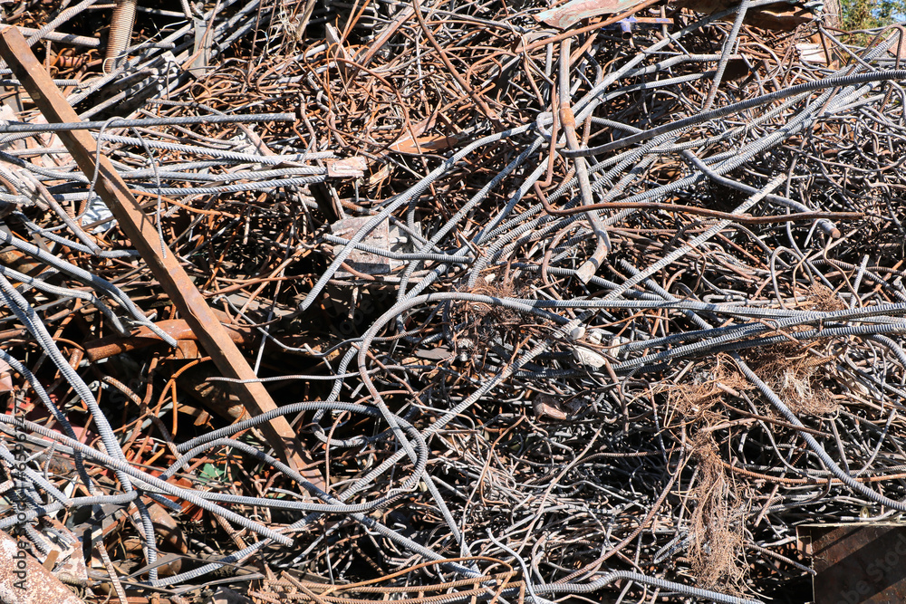 Pile of scrap metal from rebar and other steel waste