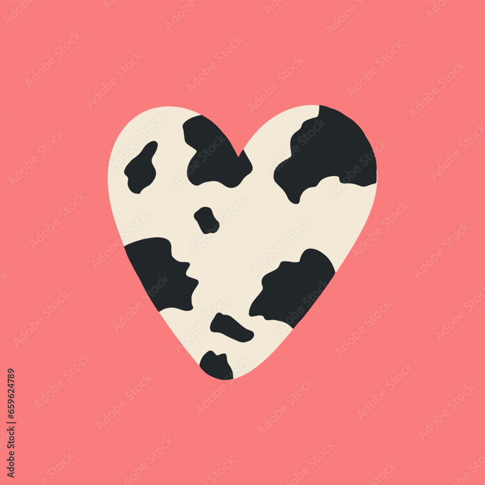 Vector drawing of flat heart with cow fur texture, isolated on pink background, cute card, hand drawn cartoon.