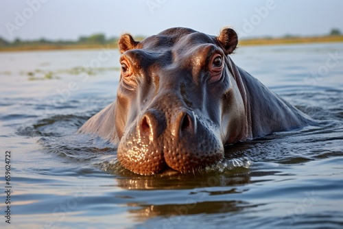 Hippo in Nile river, Murchison Falls NP, Uganda. Generative AI