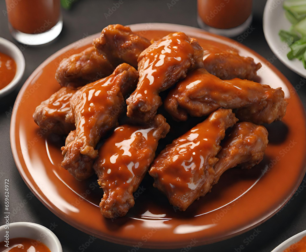 Plate Of Chicken Wings Covered In Buffalo Sauce Plate Of Chicken Wings Covered In Buffalo Sauce