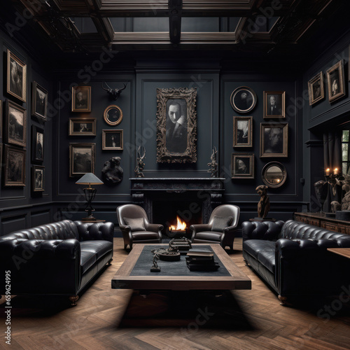  A splendid mansion living room with dark leather  © Sekai