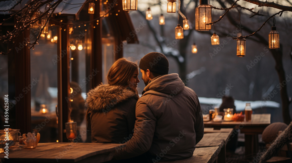 Two Young People Cuddling Close on Bench at Winter 
