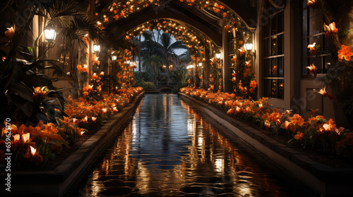 Resort Style River with Christmas Lights and Plants 