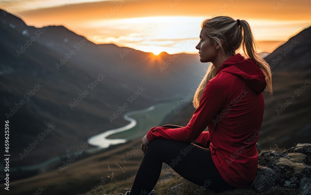 Athletic woman resting after a hard training in the mountains at sunset Athletic woman resting after a hard training in the mountains at sunset