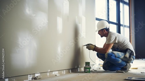 building, profession and people concept - close up of male builder sanding wall indoors