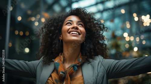 happy african american woman celebrating her success with arms raised in the office photo