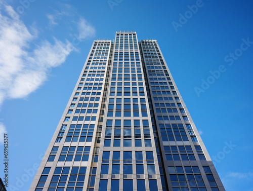 A majestic skyscraper reaches for the clouds as the vibrant blue sky complements its grandeur.