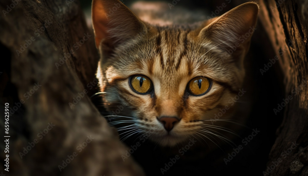 Fluffy kitten staring, cute whiskers and striped fur in focus generated by AI Fluffy kitten staring, cute whiskers and striped fur in focus generated by AI