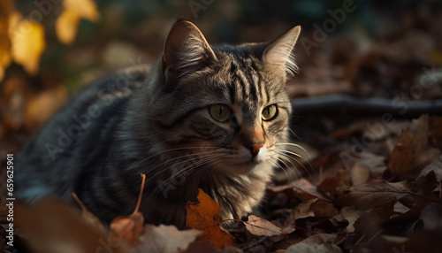 Cute kitten sitting in autumn grass, staring at camera with whiskers generated by AI