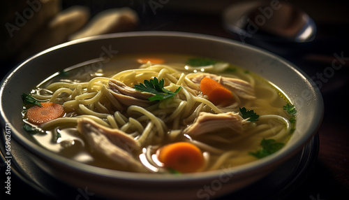 Bowl of homemade gourmet noodle soup with fresh vegetables and meat generated by AI