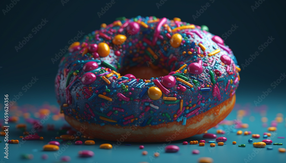 Indulgent donut with pink icing, chocolate, and confetti decoration generated by AI Indulgent donut with pink icing, chocolate, and confetti decoration generated by AI