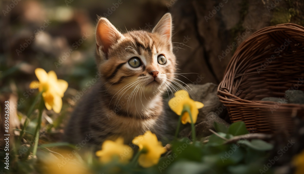 Fluffy striped kitten sitting in green meadow, playful and curious generated by AI