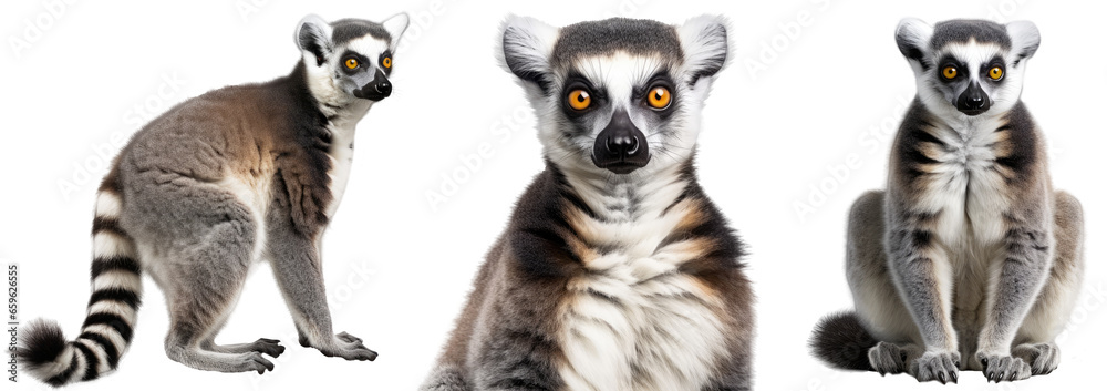 Naklejka premium ring tailed lemur collection (portrait, sitting, standing), animal bundle isolated on a white background as transparent PNG