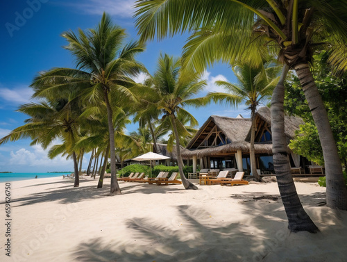 A serene tropical paradise with a luxurious beachfront resort and lush palm trees.