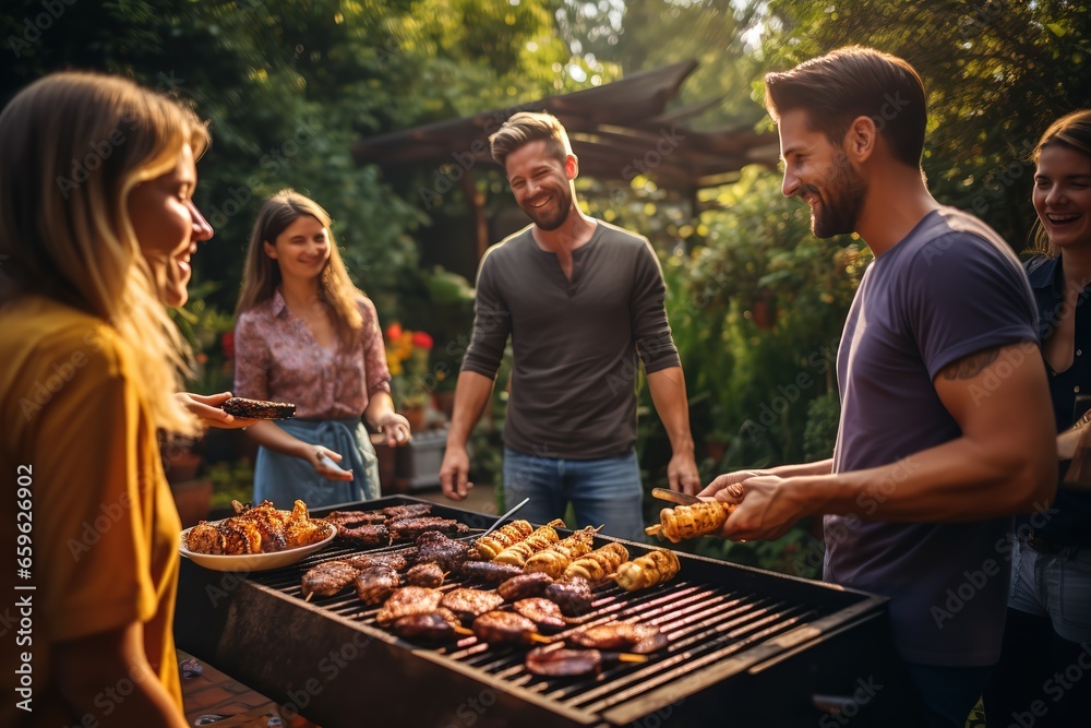 a group of people standing around a barbecue grill with food on it - obrazy, fototapety, plakaty 