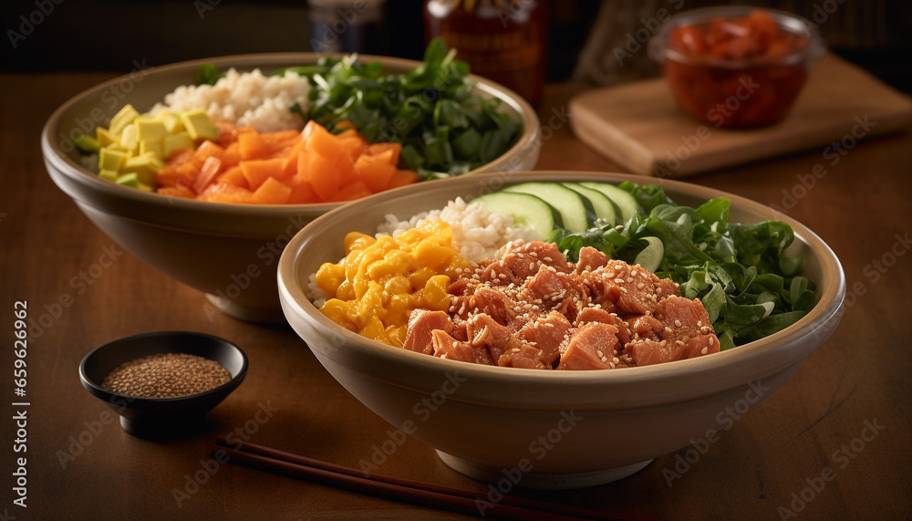 Fresh gourmet salad bowl with organic meat and vegetables, ready to eat generated by AI Fresh gourmet salad bowl with organic meat and vegetables, ready to eat generated by AI