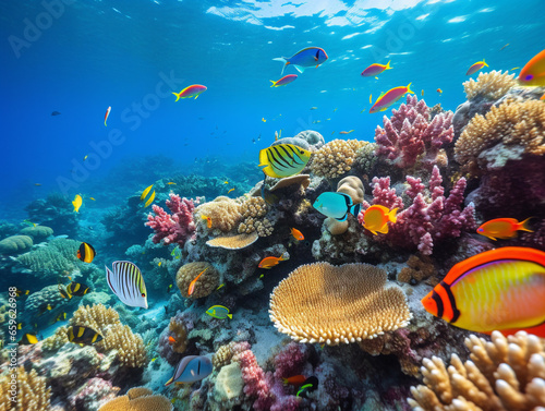 A colorful and lively underwater coral reef bustling with diverse marine creatures and plants.