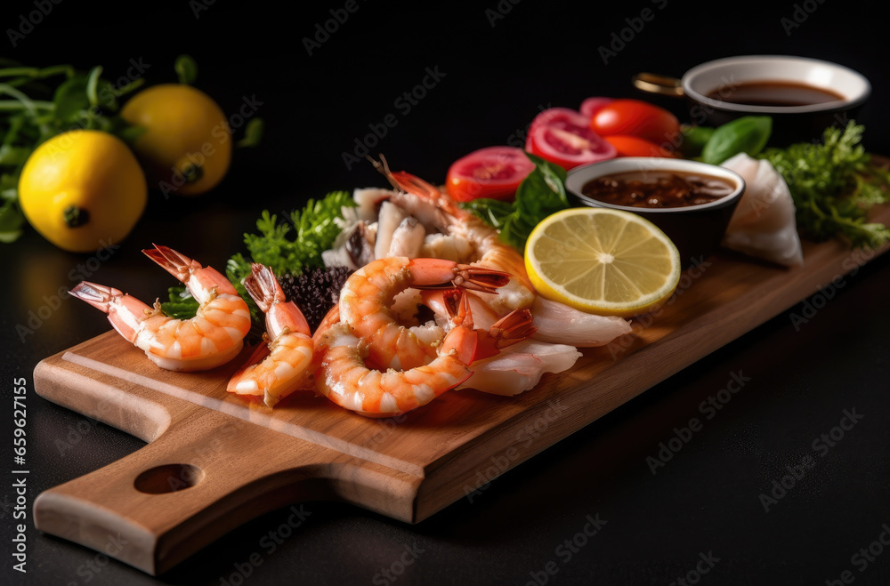 Fresh Citrus Fruit and Seafood Dish on a Black Background