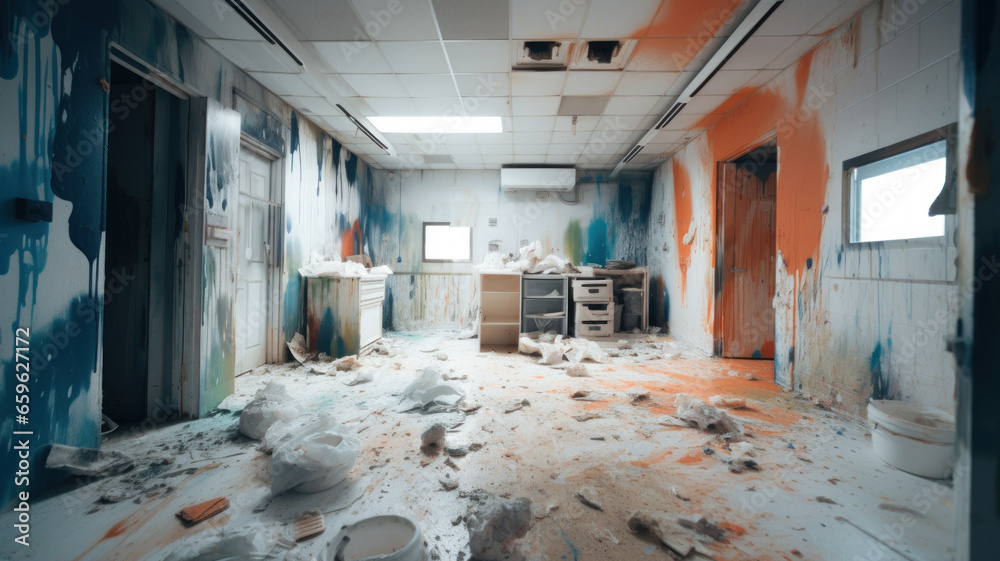 Demolished and destroyed interior of a rage room, anger relief strategy - obrazy, fototapety, plakaty 