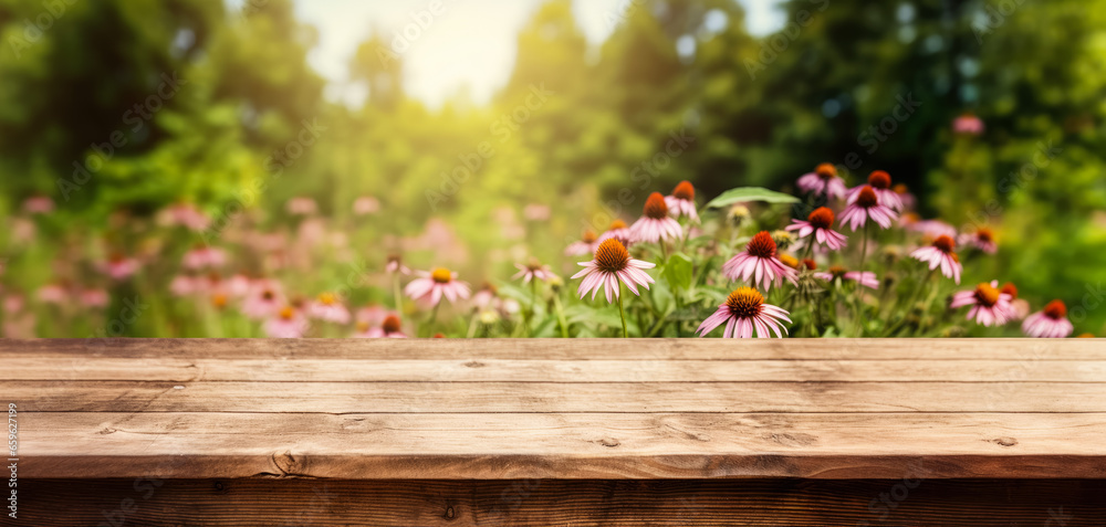 Empty rustic old wooden boards table copy space with Echinacea or coneflower plants in background. Product display template. Generative AI