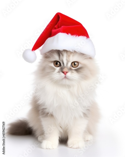 Adorable Long-Haired Cat with Santa Cap - Isolated on White Background