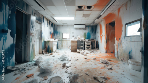 Demolished and destroyed interior of a rage room, anger relief strategy photo